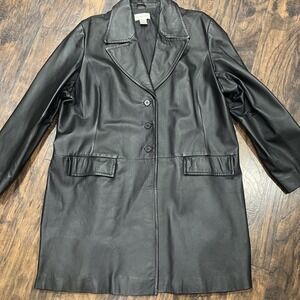 Vtg Newport News Black Leather Long Overcoat Women's Size 22W Matrix/‎ Mob